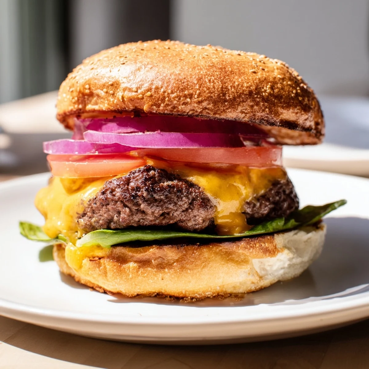 Juicy homemade smash burger with melted American cheese on a toasted sesame bun