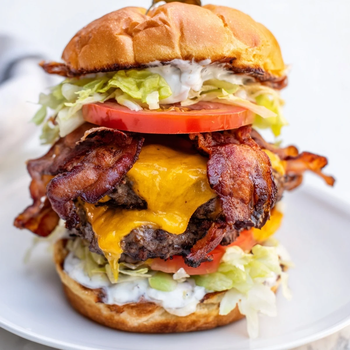 Juicy Crack Burgers stacked with crispy bacon, melted cheddar, and tangy ranch-mayo sauce on toasted brioche buns
