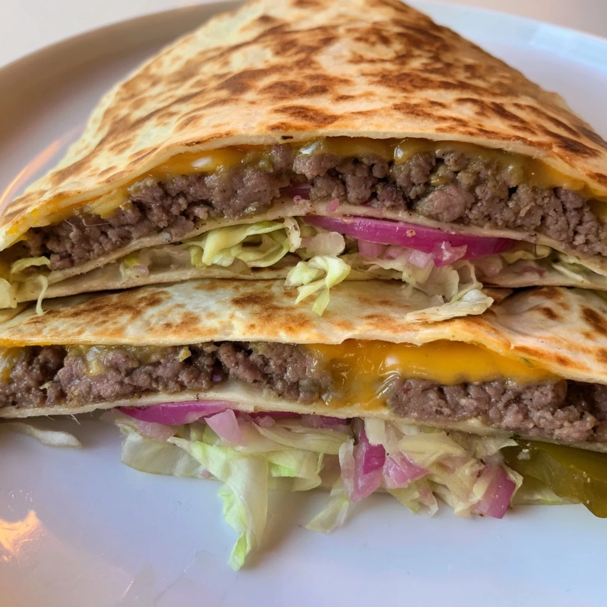 Sizzling skillet cooking quesadillas stuffed with cheesy beef patties, red onions, and melted cheese blend