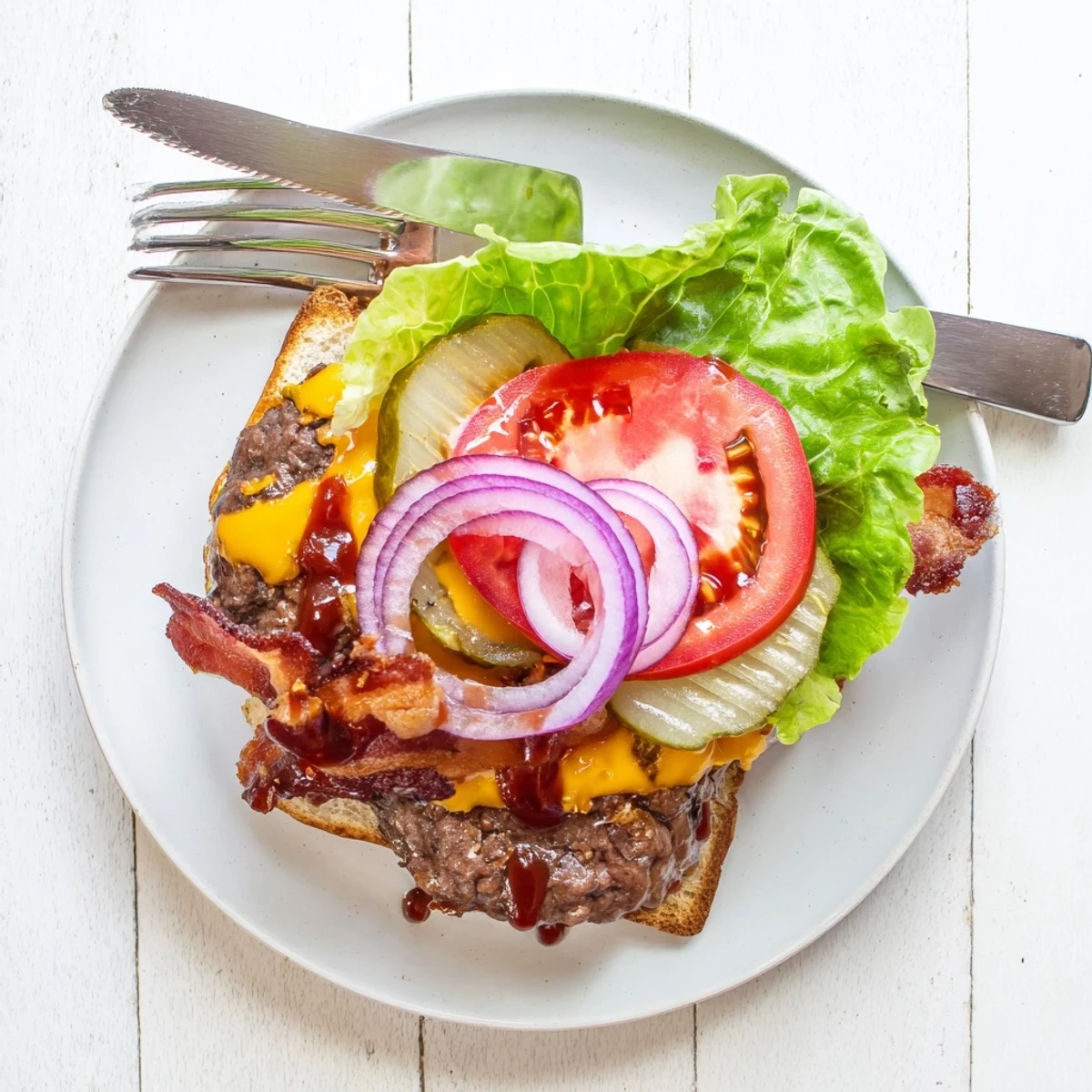 Juicy hearty BBQ bacon burger stacked with crispy bacon, melted cheddar, and tangy barbecue sauce on a toasted brioche bun