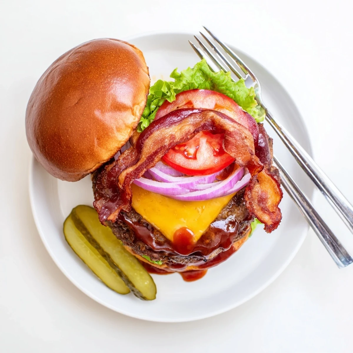 Mouthwatering hearty BBQ bacon burger featuring a beef patty topped with smoky bacon slices, fresh lettuce, tomato, and red onion