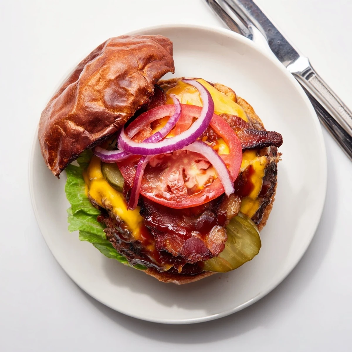Delicious hearty BBQ bacon burger with gooey melted cheese, crunchy pickles, and a generous drizzle of sweet and smoky barbecue sauce