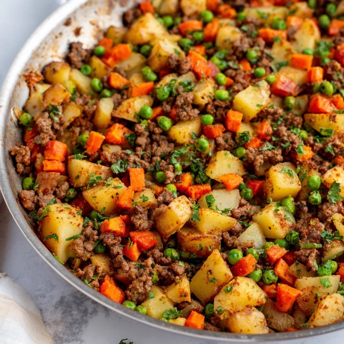 Golden browned ground beef and tender potatoes simmered in a savory skillet with colorful vegetables