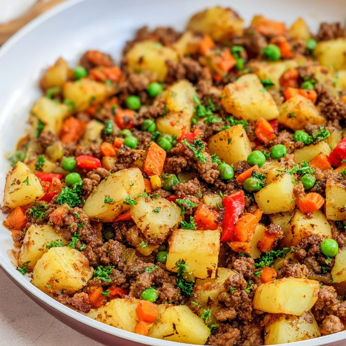 Comforting ground beef and potatoes dish served steaming hot with fresh parsley garnish in a cast iron skillet