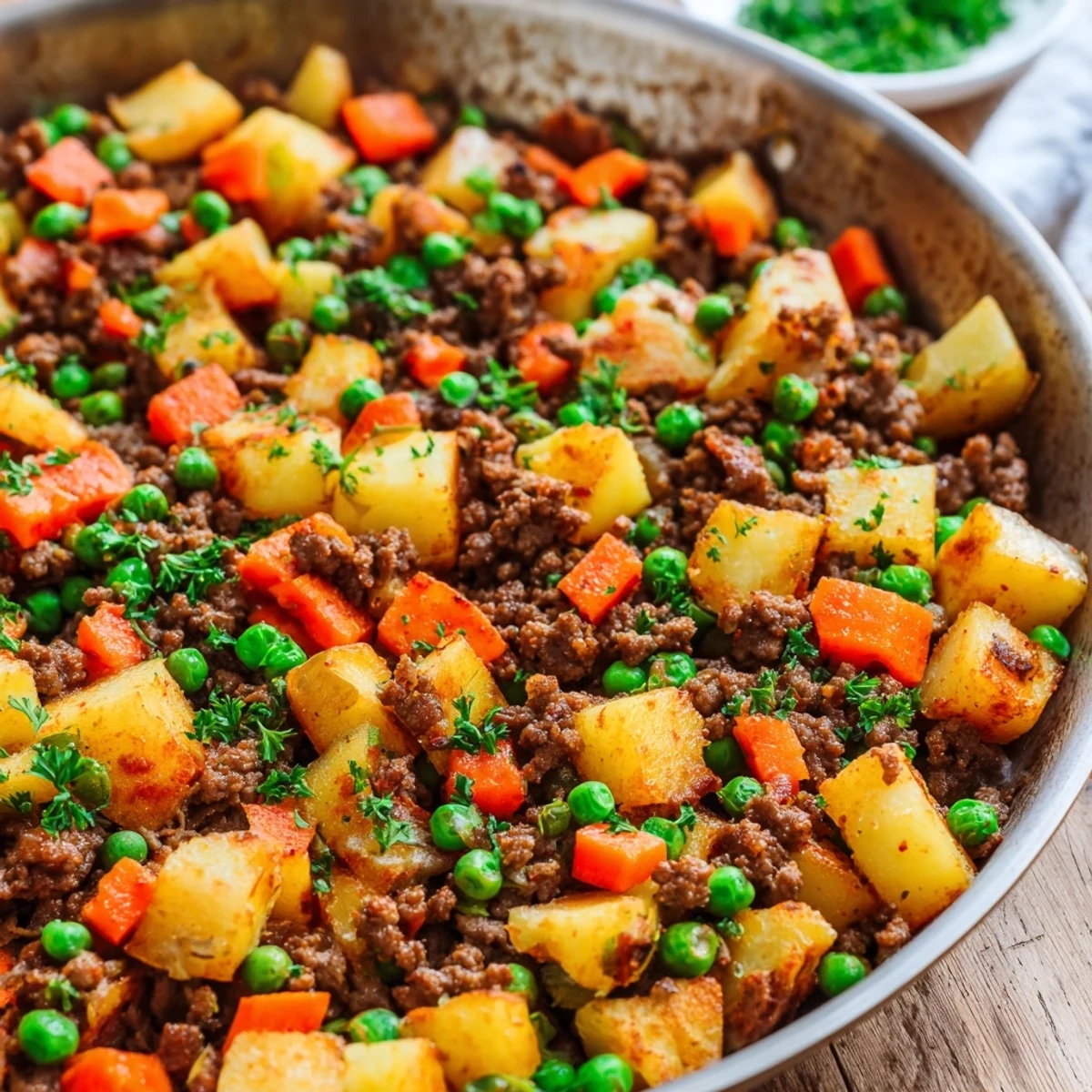 Hearty one pan ground beef and potatoes featuring caramelized meat, soft diced potatoes, and vibrant peas