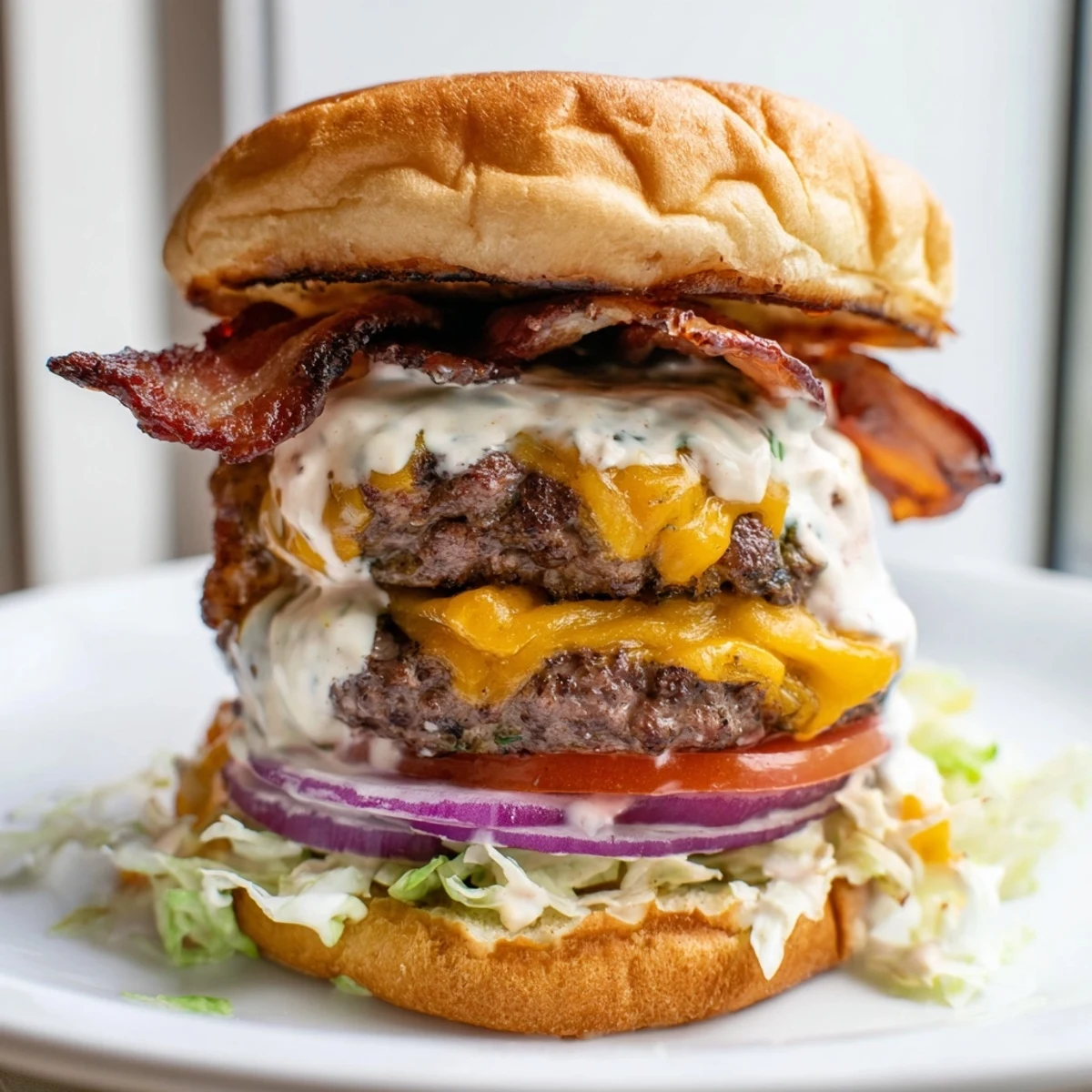 Juicy crack burger with melted cheddar, crispy bacon, and creamy homemade crack sauce on toasted brioche bun