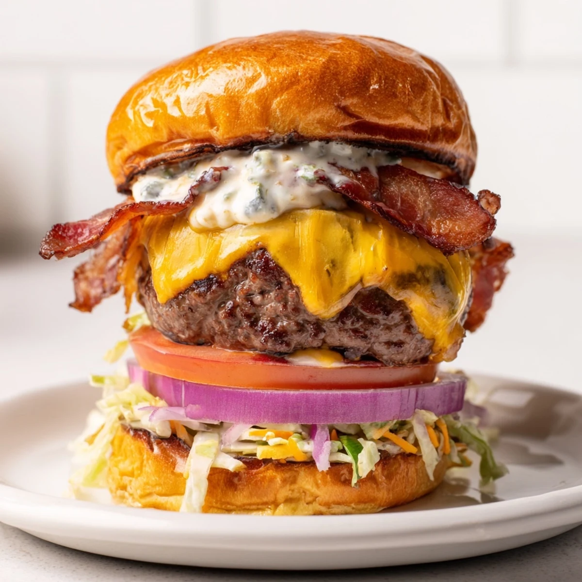 Loaded crack burger featuring seasoned beef patty topped with bacon slices and tangy cheddar ranch sauce