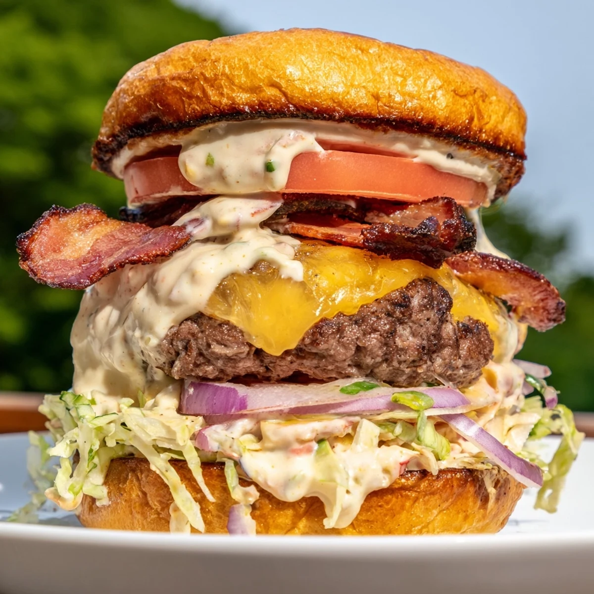 Stacked crack burger with cheese melted patty, crunchy lettuce, tomato, and savory crack sauce dripping down sides