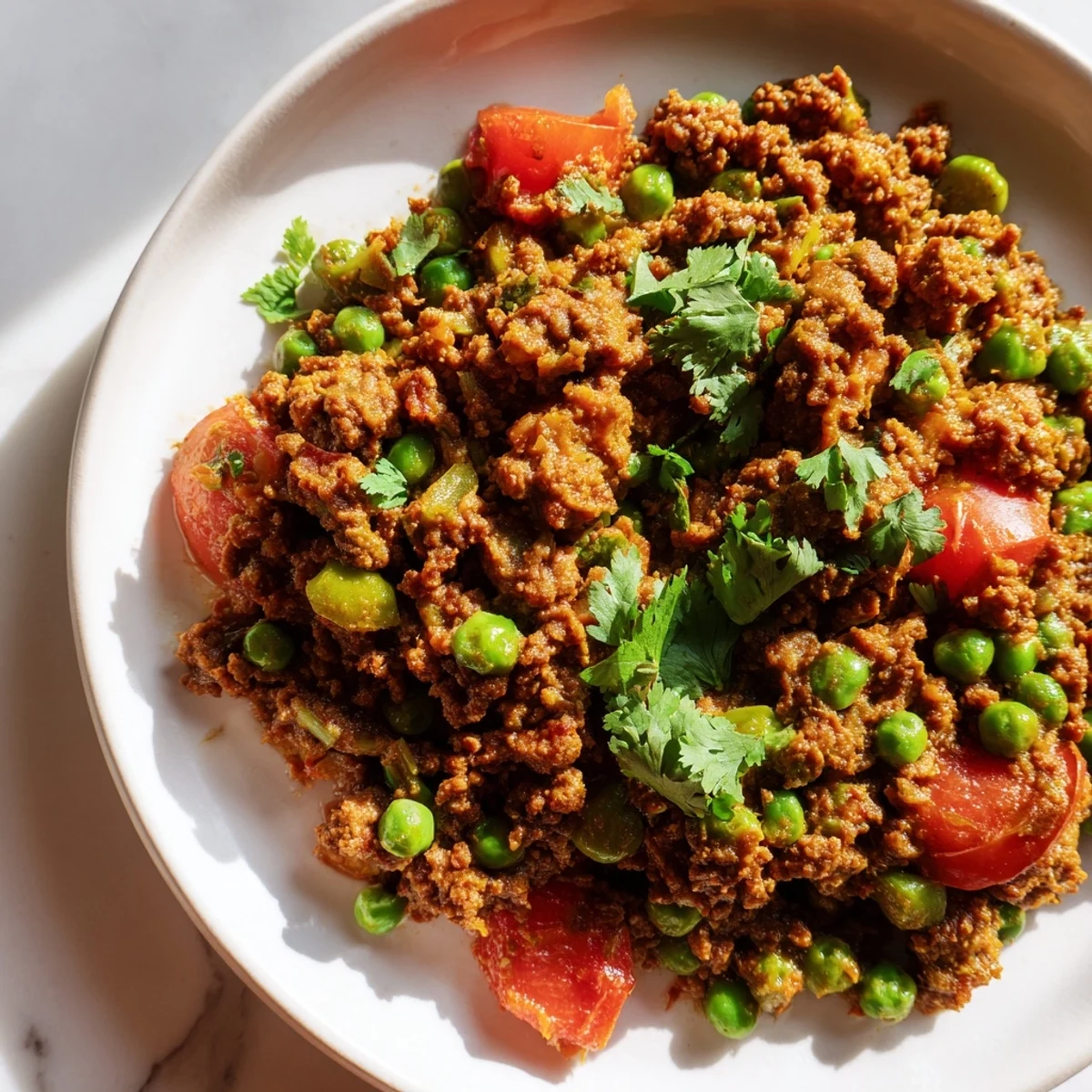 Golden beef Keema Curry simmered with aromatic spices, tender peas, and fresh cilantro garnish in a rustic skillet