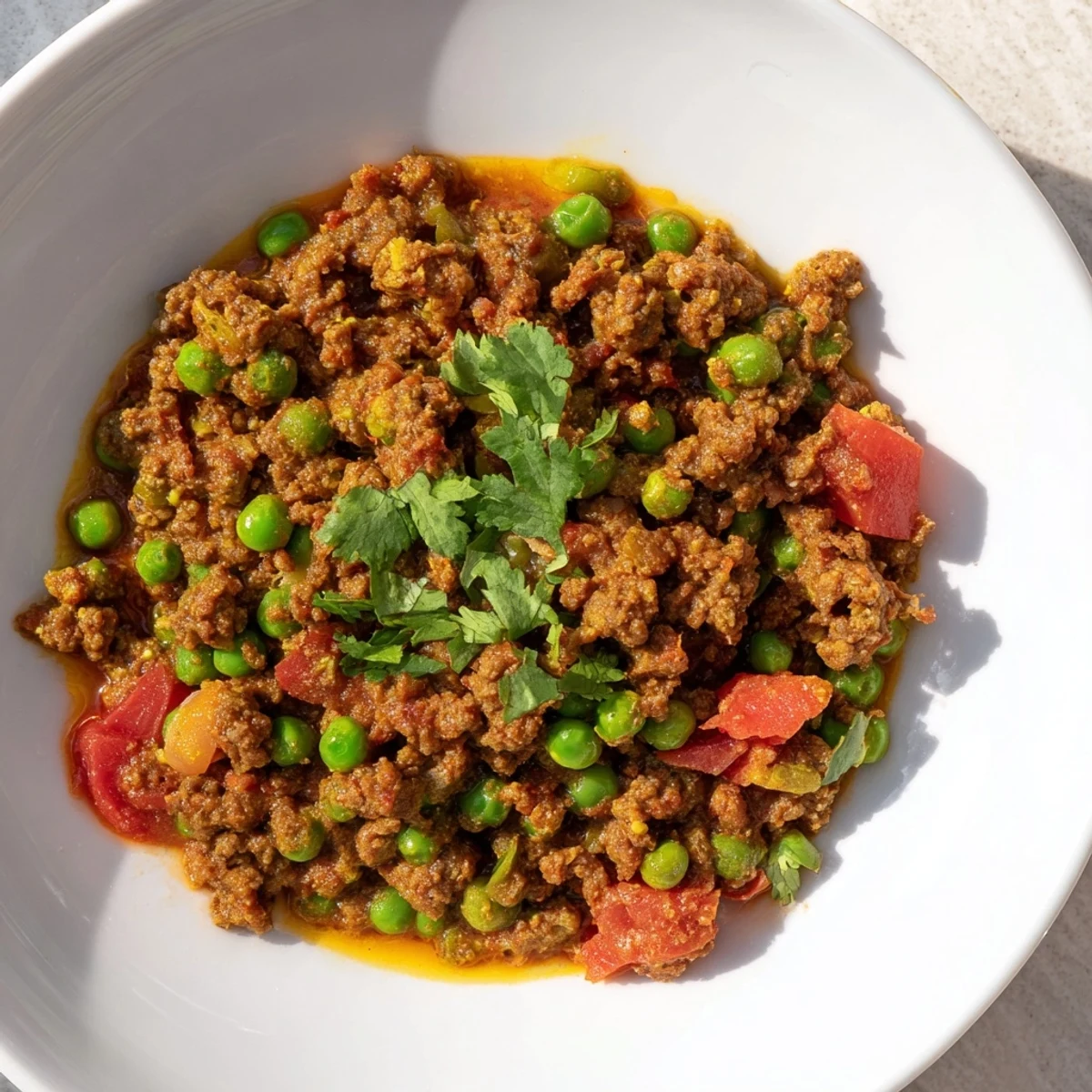 Steaming bowl of homemade Keema Curry with spiced ground beef, diced tomatoes, and green peas served over fluffy white rice