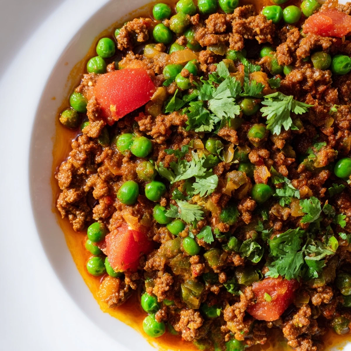 Rich Indian Keema Curry featuring browned ground meat in a savory tomato-based sauce topped with vibrant green cilantro leaves