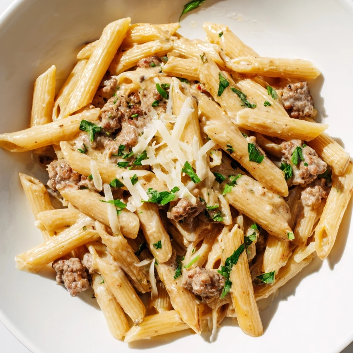 Creamy beef pasta featuring tender ground beef coated in rich Parmesan sauce over perfectly cooked penne noodles