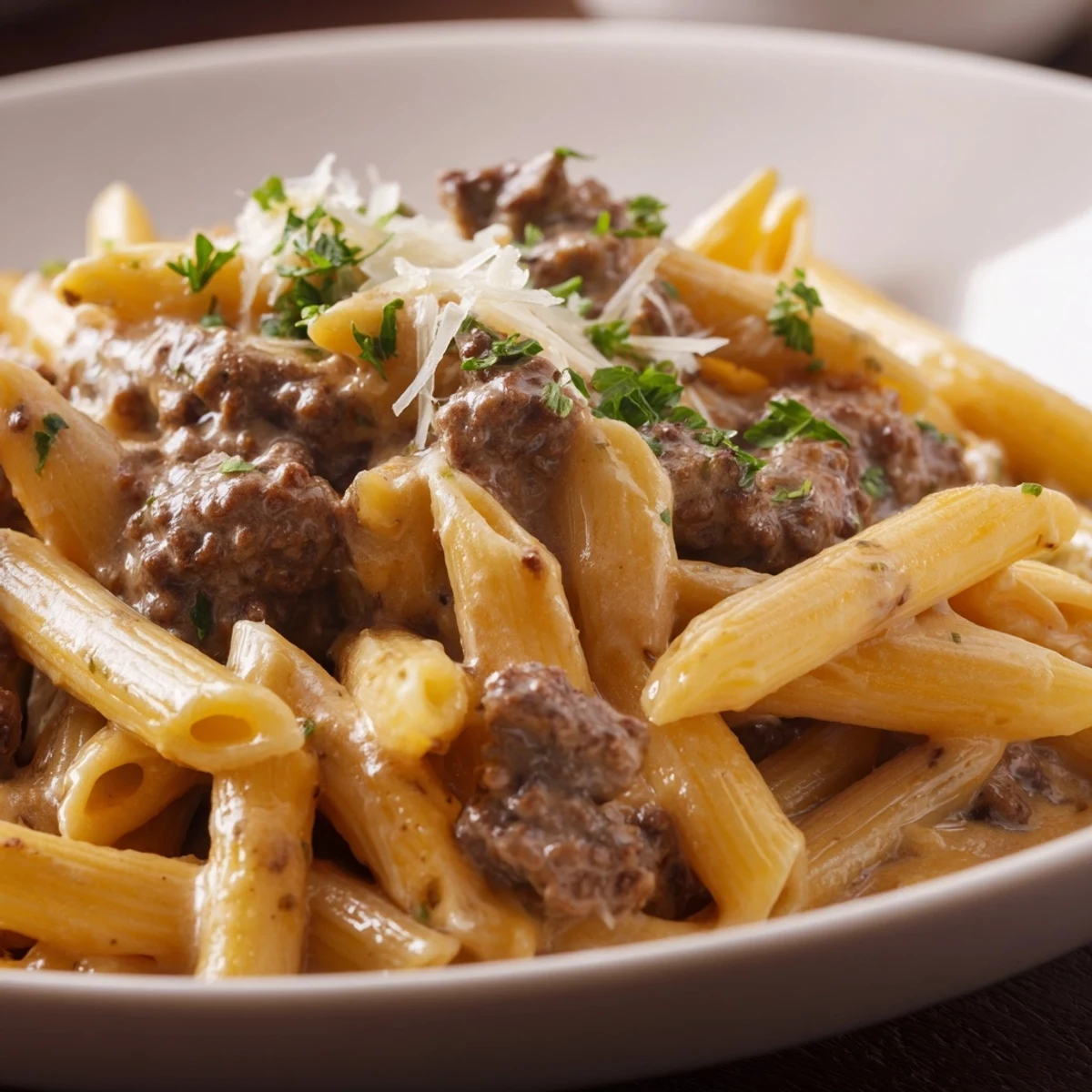 Steamy plate of creamy beef pasta with al dente fusilli tossed in a velvety garlic cream sauce