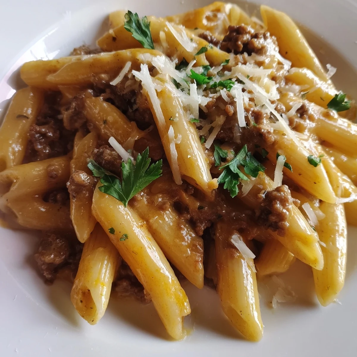 Hearty creamy beef pasta served family-style with generous chunks of seasoned meat in a smooth white sauce