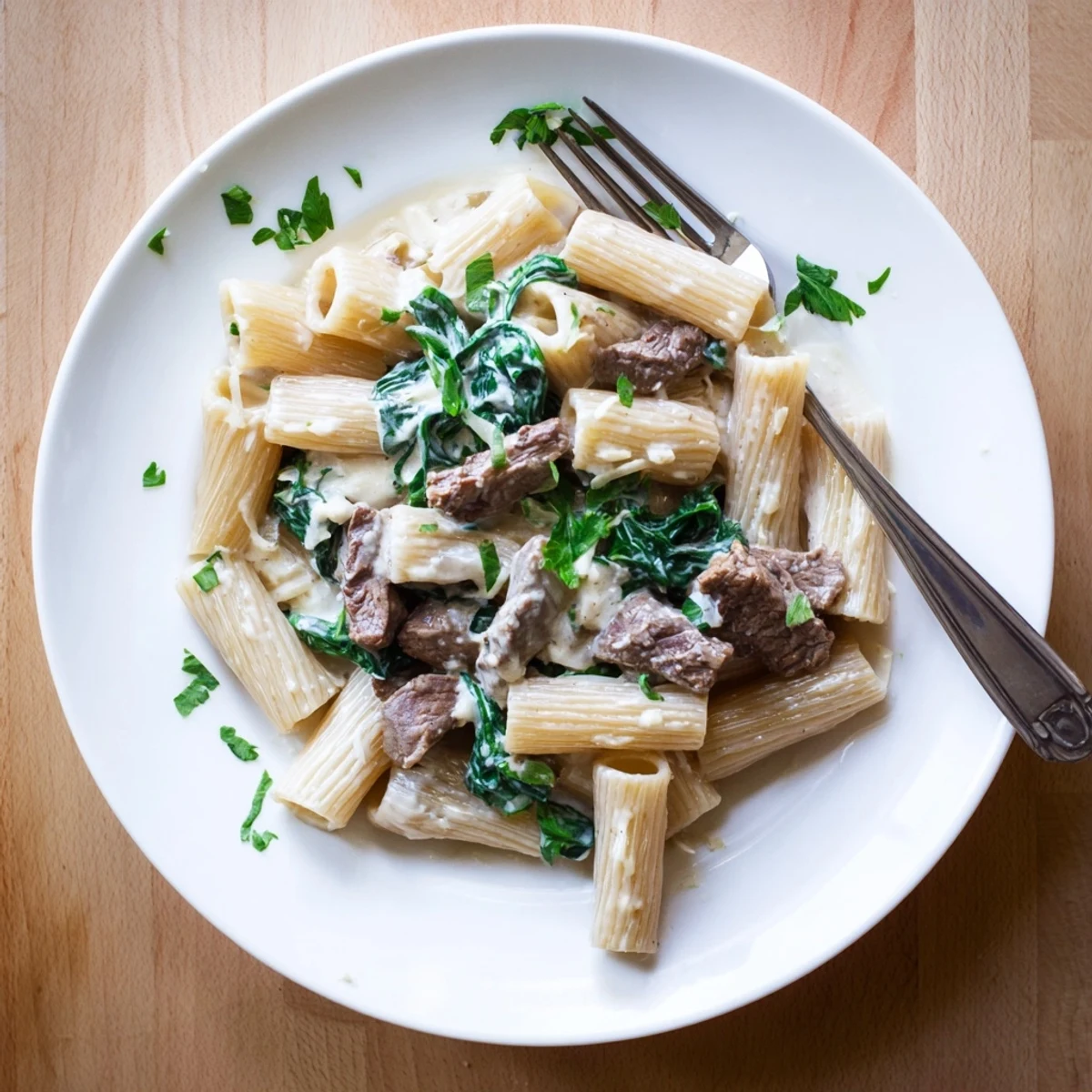 Bowl of creamy high protein beef pasta featuring whole wheat noodles coated in a velvety cottage cheese sauce with savory seasoned beef strips.