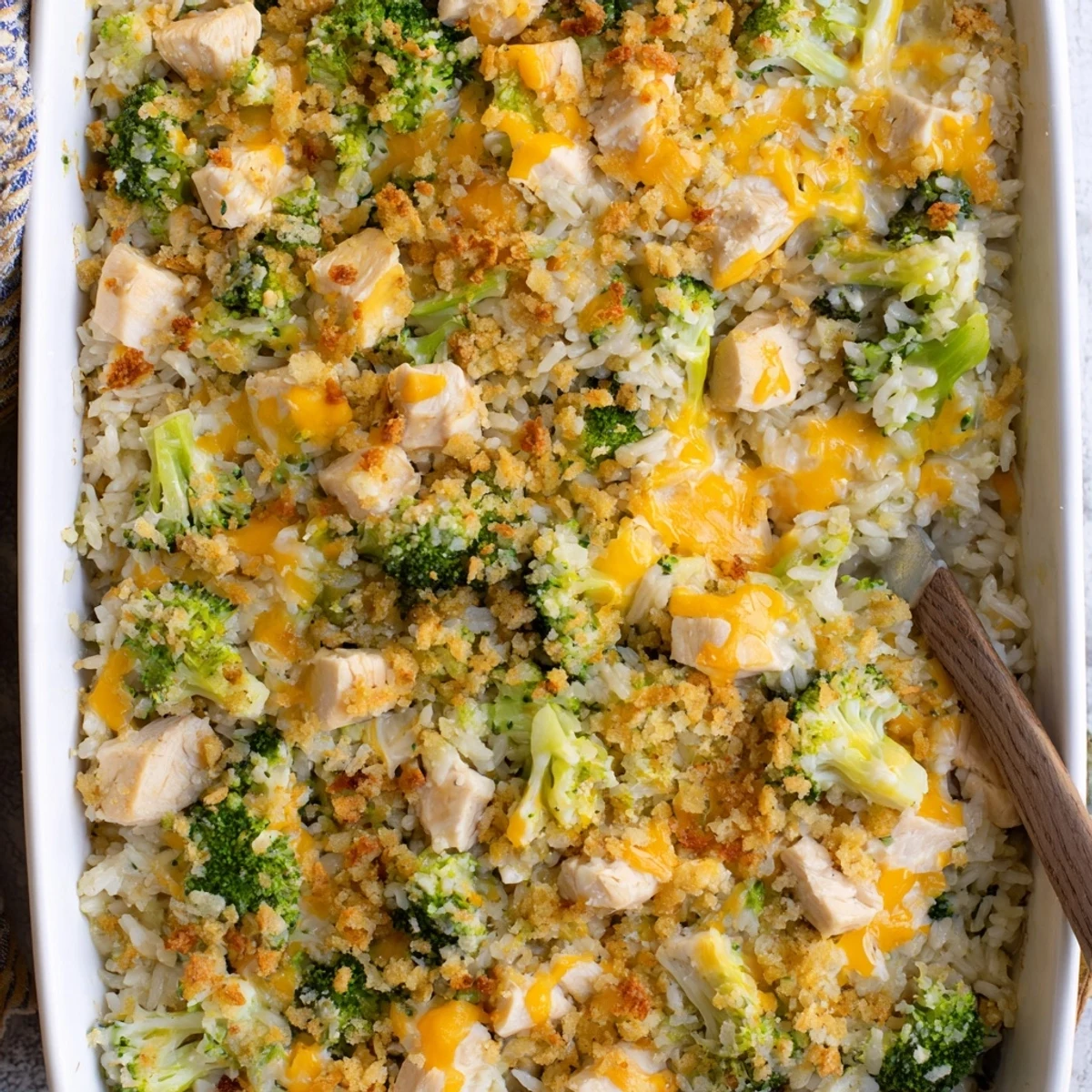 Golden brown chicken broccoli rice cheese casserole with melted cheddar and crispy breadcrumb topping