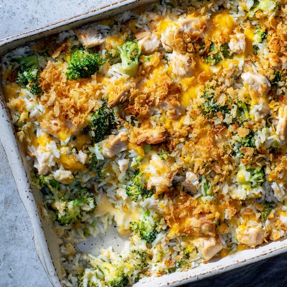 Creamy baked chicken broccoli rice casserole bubbling in a white ceramic baking dish