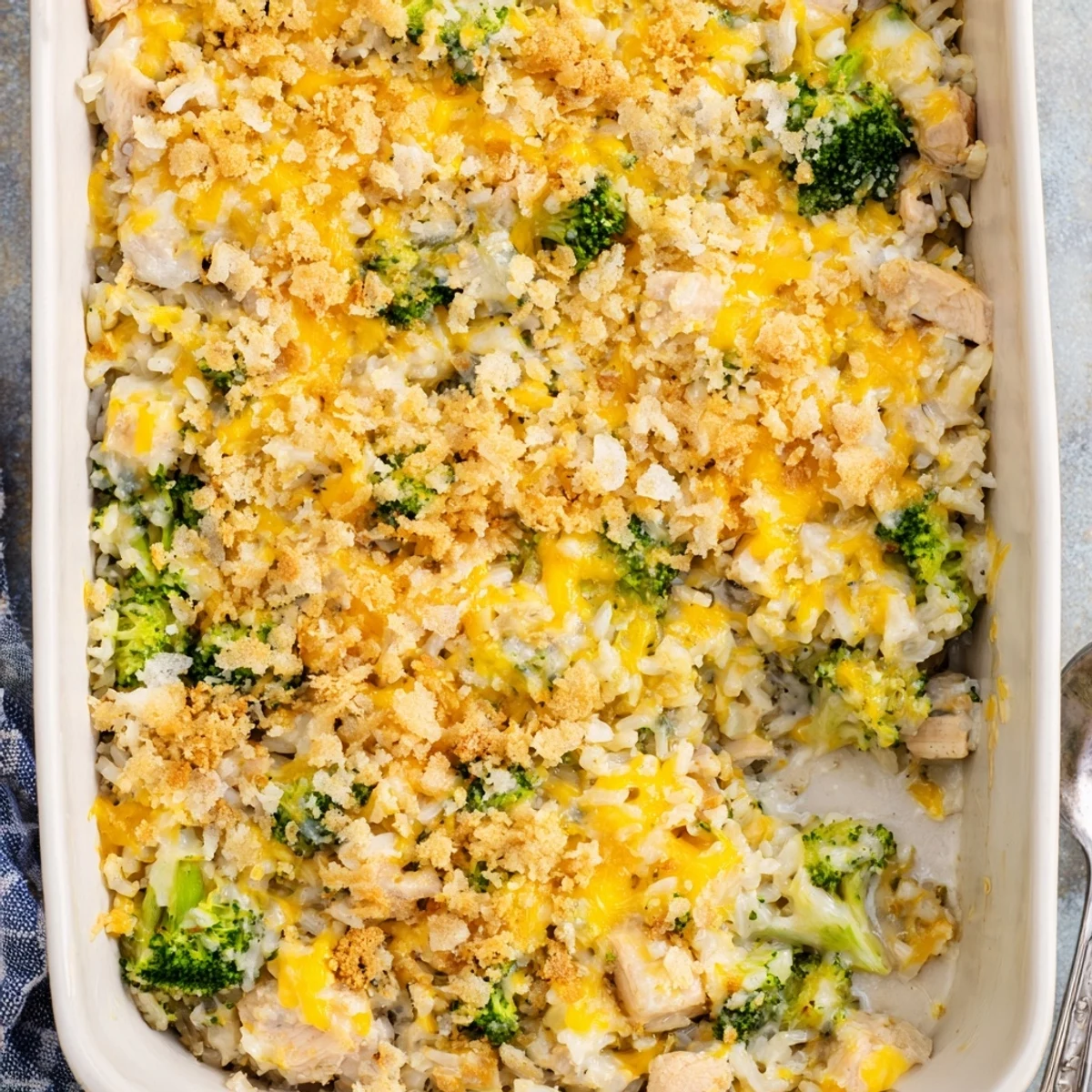 Spoonful of cheesy chicken broccoli rice casserole showing tender broccoli and fluffy rice grains