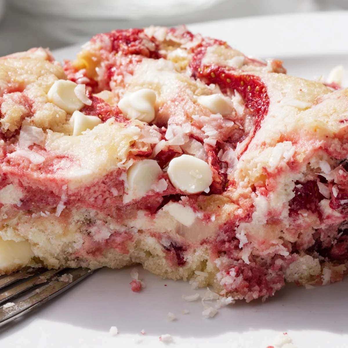 Gooey strawberry earthquake cake with cream cheese swirls, white chocolate chips, and coconut flakes on a serving plate