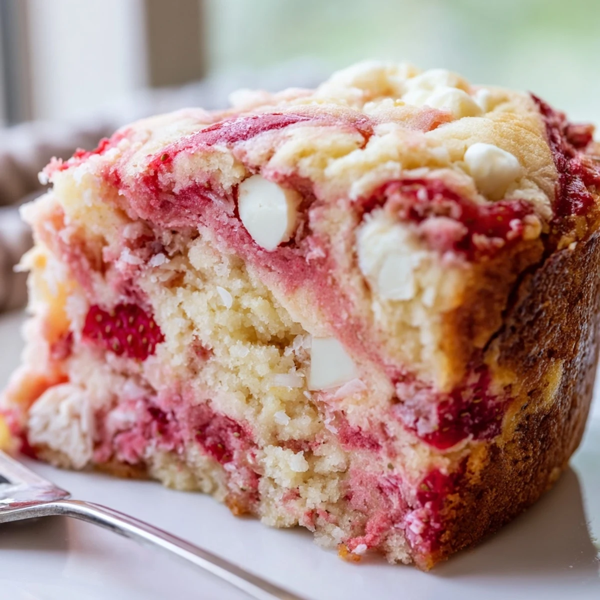 Decadent strawberry earthquake cake baked in a 9x13 pan with cracked cream cheese topping and shredded coconut