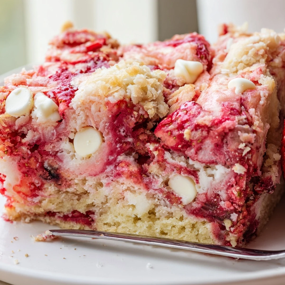 Warm strawberry earthquake cake slice revealing marbled cream cheese layers with fresh strawberries and melted white chocolate