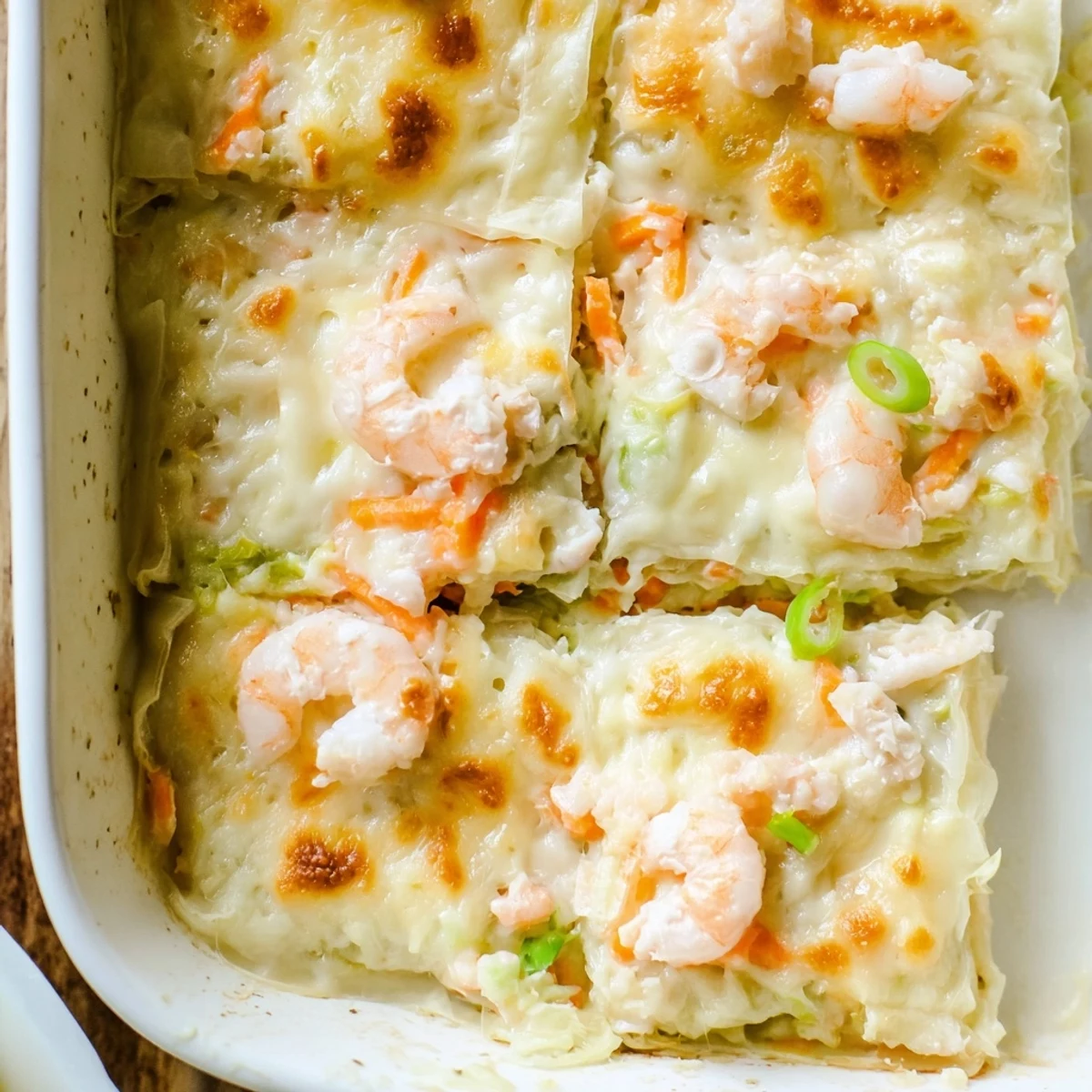 Layered shrimp dumpling lasagna showcasing tender shrimp and ricotta between pasta sheets