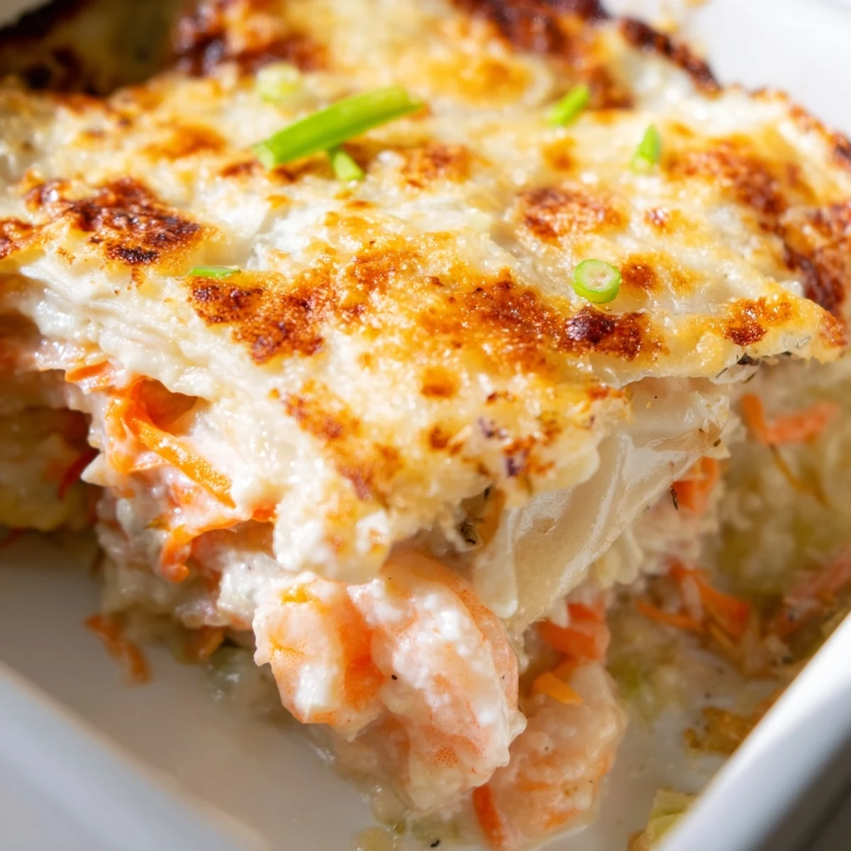 Golden shrimp dumpling lasagna with bubbling mozzarella and layered dumpling wrappers