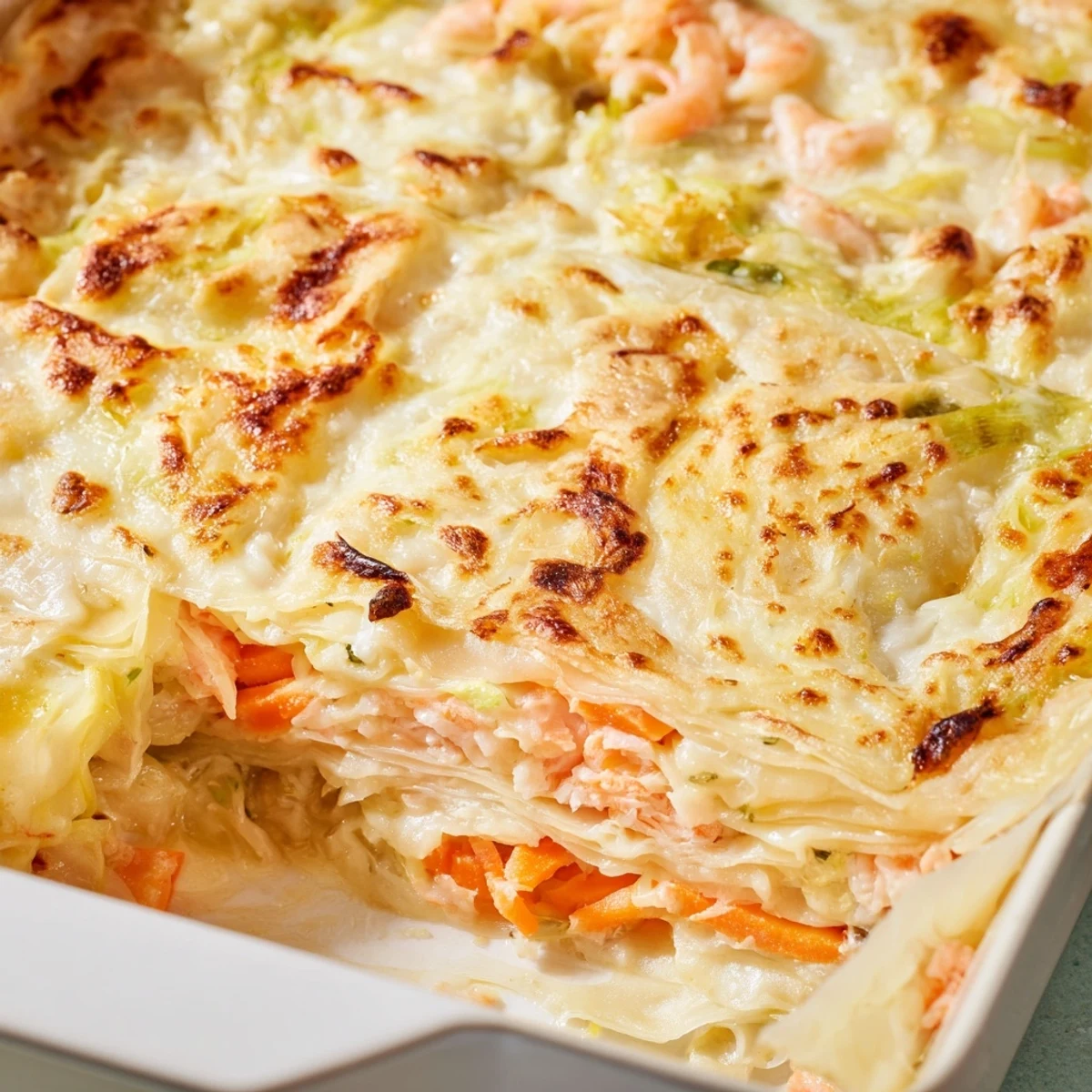 Sliced shrimp dumpling lasagna revealing savory vegetable filling and melted cheese topping
