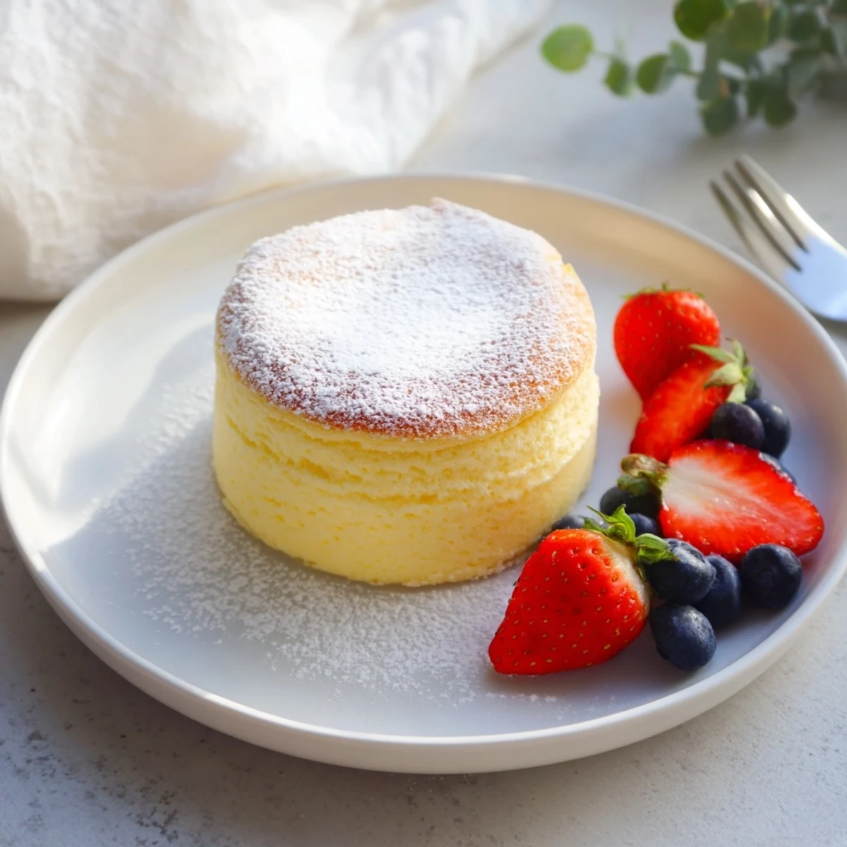 Airy Japanese cheesecake slice dusted with powdered sugar and fresh strawberries on top