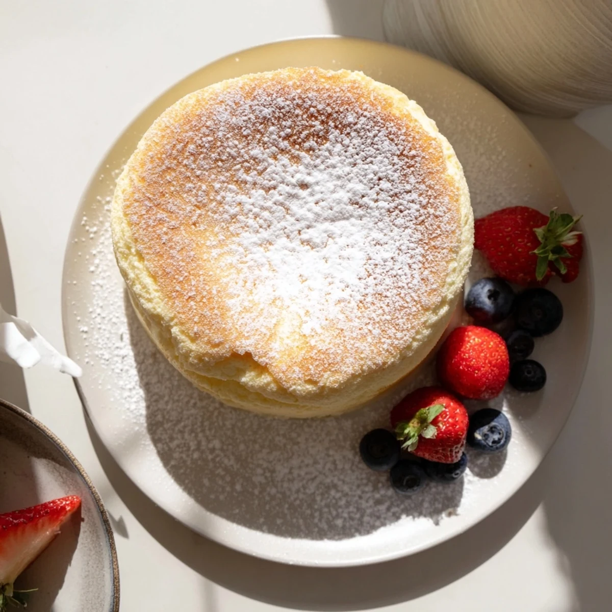 Golden fluffy Japanese cheesecake with a souffle-like texture served on a white plate