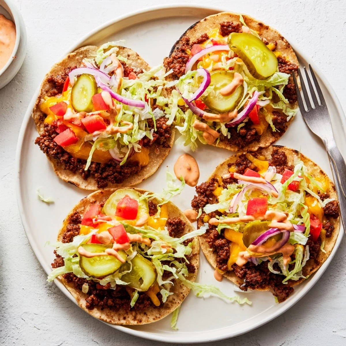 Flour tortillas topped with seasoned beef patties and American cheese for these delicious smash burger tacos