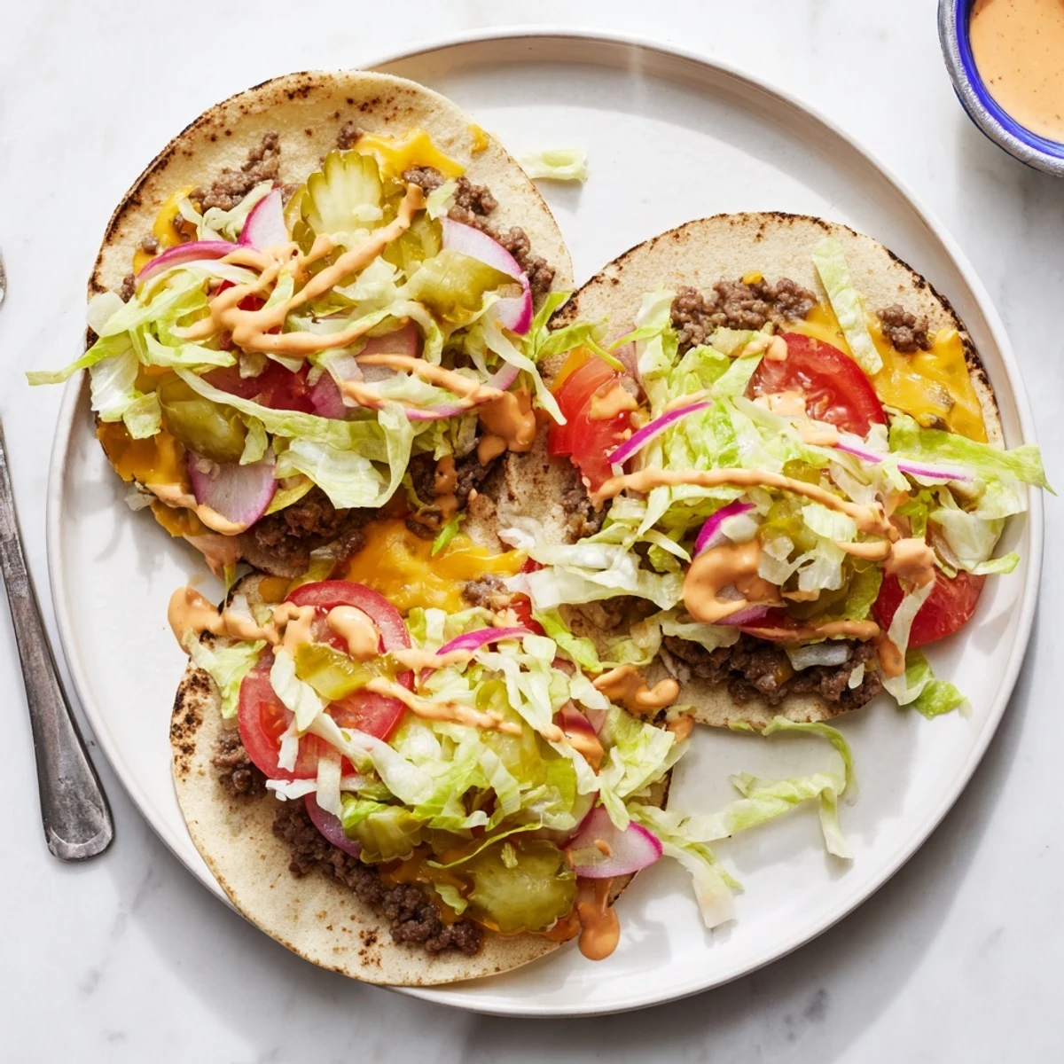 Savory smash burger tacos featuring crispy edged beef, melted cheddar, lettuce, tomatoes and pickles