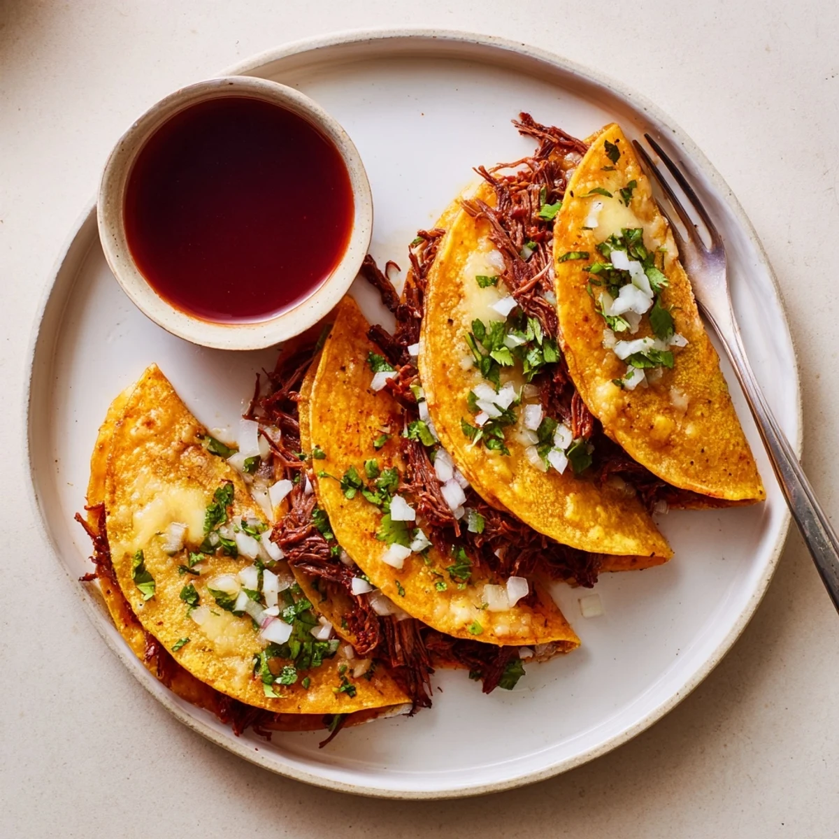 Pan-fried super crispy birria tacos served with warm spiced consommé for dipping on the side