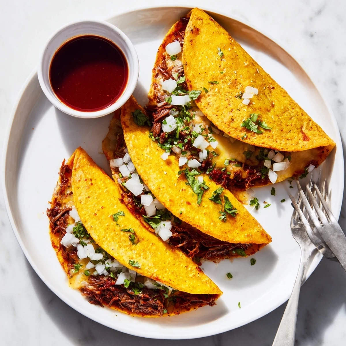 Mexican-style super crispy birria tacos topped with fresh cilantro, diced onion, and lime wedges