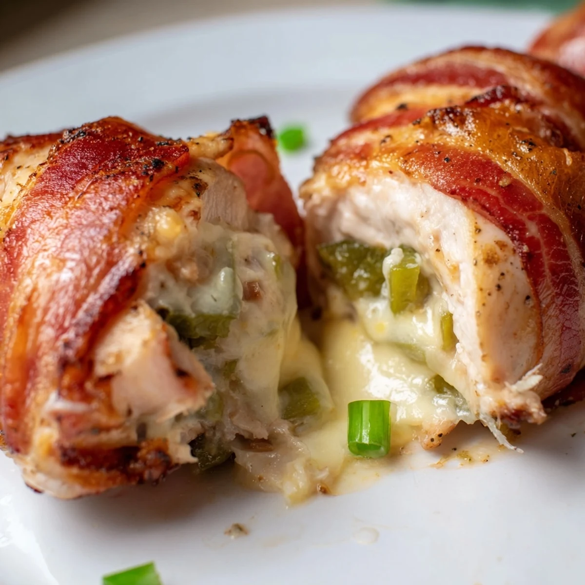 Golden brown bacon-wrapped jalapeño popper chicken breasts on a white serving platter