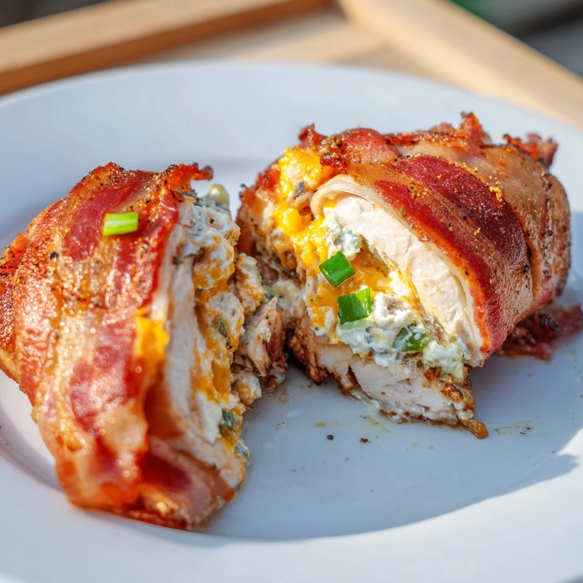 Savory bacon-wrapped chicken breast sliced open to reveal creamy jalapeño popper center