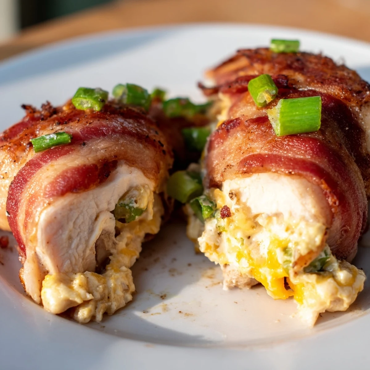 Crispy bacon covering stuffed chicken breasts oozing with melted jalapeño cheese filling