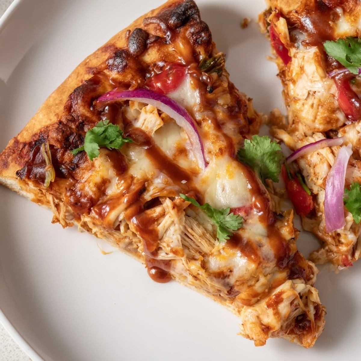Golden homemade BBQ chicken pizza topped with melted mozzarella, red onions, and fresh cilantro