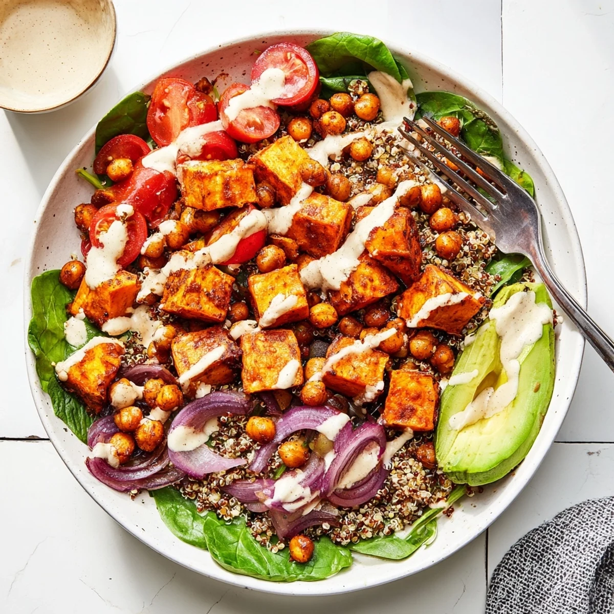 Golden roasted sweet potato bowl with crispy chickpeas and fresh vegetables drizzled with creamy tahini dressing