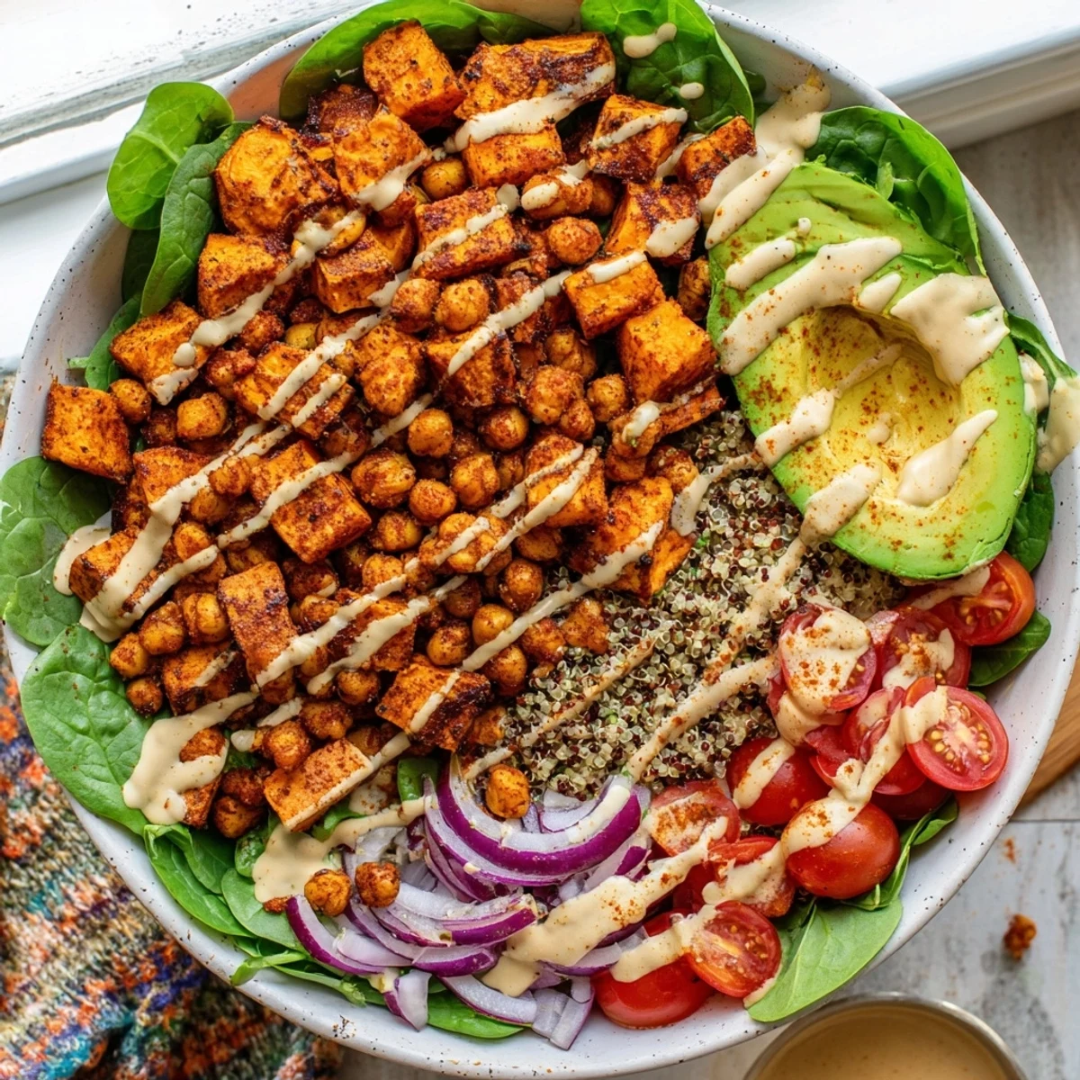 Vibrant hearty sweet potato bowl featuring avocado slices cherry tomatoes and protein-rich chickpeas on spinach