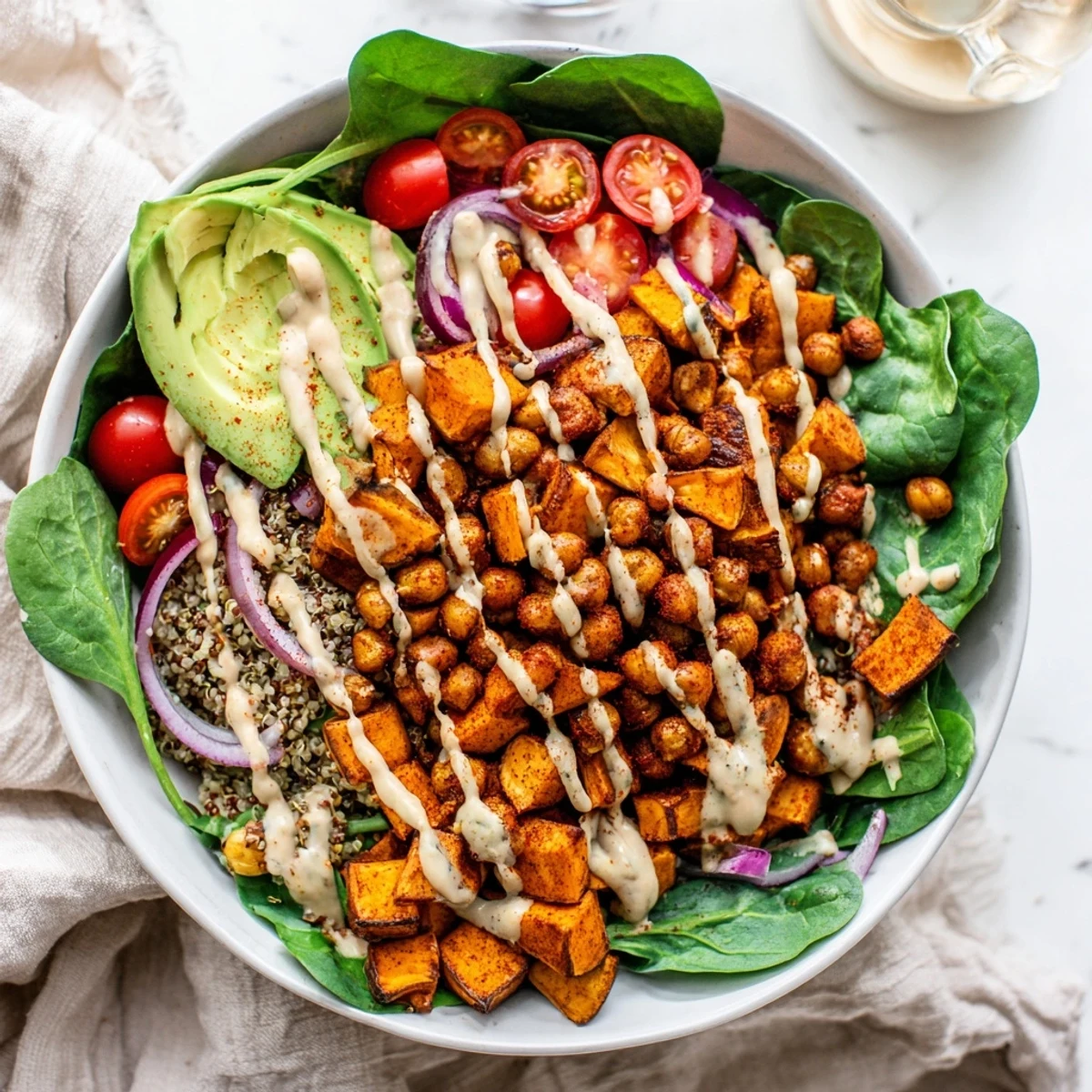 Nourishing sweet potato bowl arranged with roasted vegetables quinoa and velvety tahini sauce for lunch