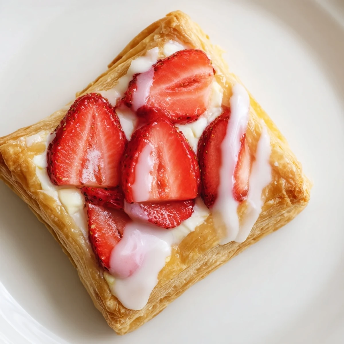 Golden homemade strawberry danishes with flaky puff pastry and fresh strawberry slices on a white plate