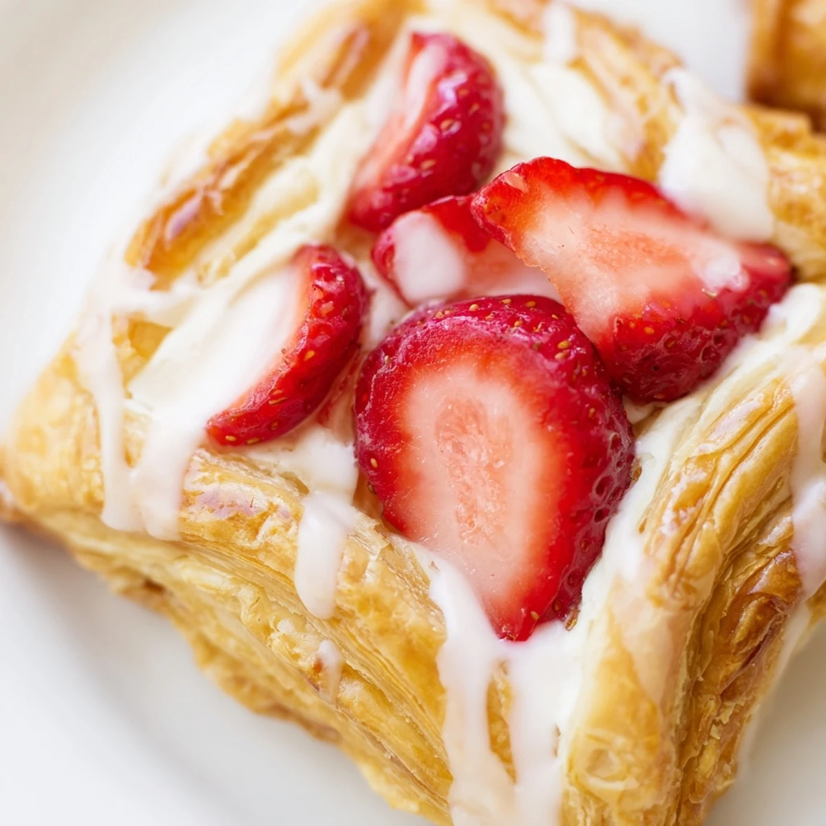 Flaky strawberry danishes topped with sweet cream cheese and fresh strawberries ready for breakfast or dessert