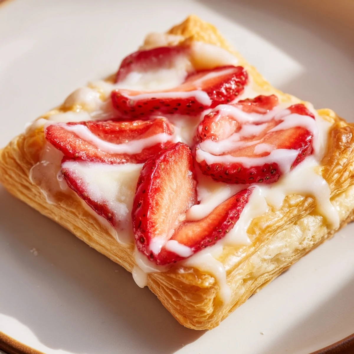 Baked strawberry danishes featuring cream cheese filling and glazed red berries on golden brown pastry