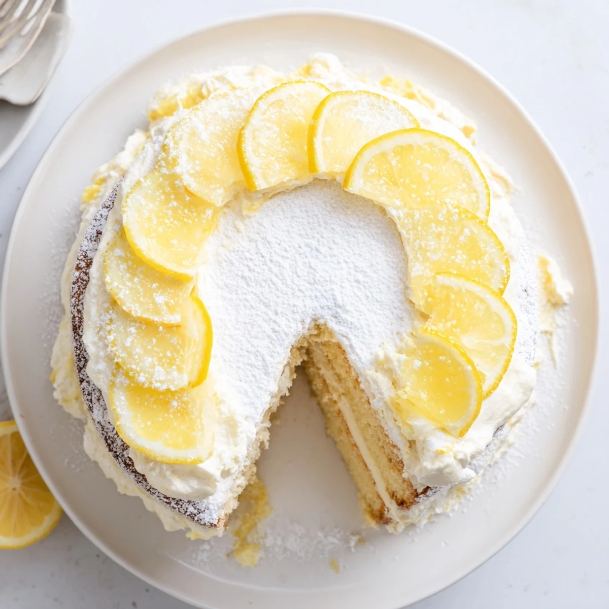 Golden Italian lemon cream cake with fluffy white layers and bright lemon cream filling on a white serving plate