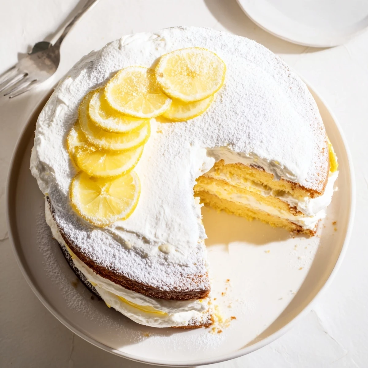 Two-layer Italian lemon cream cake dusted with powdered sugar and garnished with fresh lemon zest on a pedestal stand