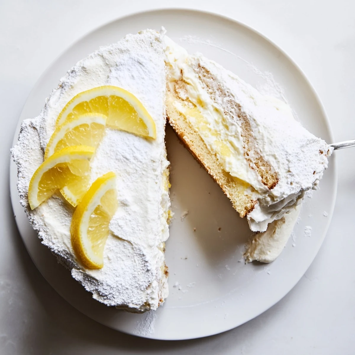 Slice of Italian lemon cream cake showing tender sponge layers and tangy lemon mascarpone cream on a dessert plate