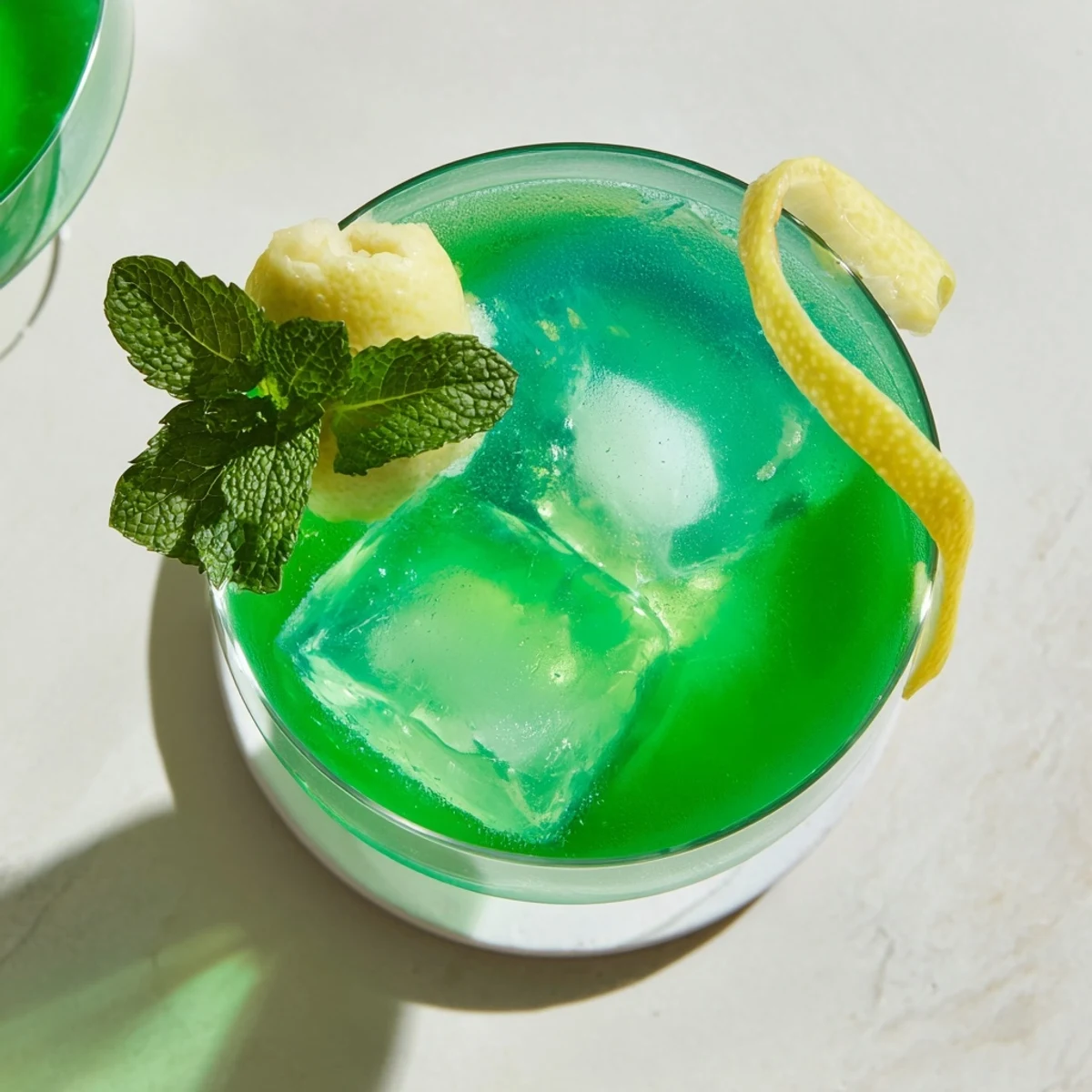 Vibrant green Luck of the Irish cocktail featuring emerald hue and lemon twist on a cocktail glass