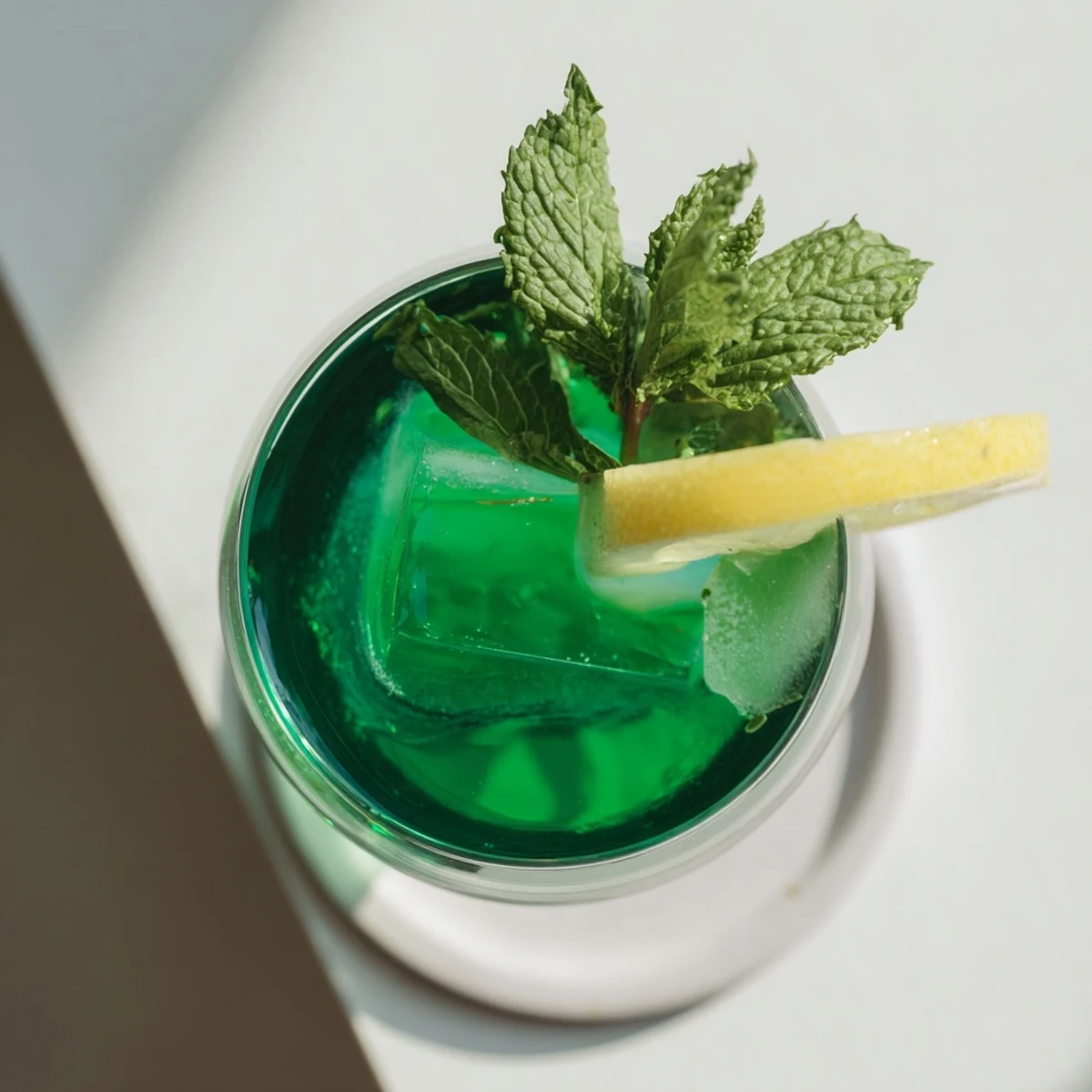 Festive Luck of the Irish cocktail displaying bright green color with ice cubes and citrus garnish