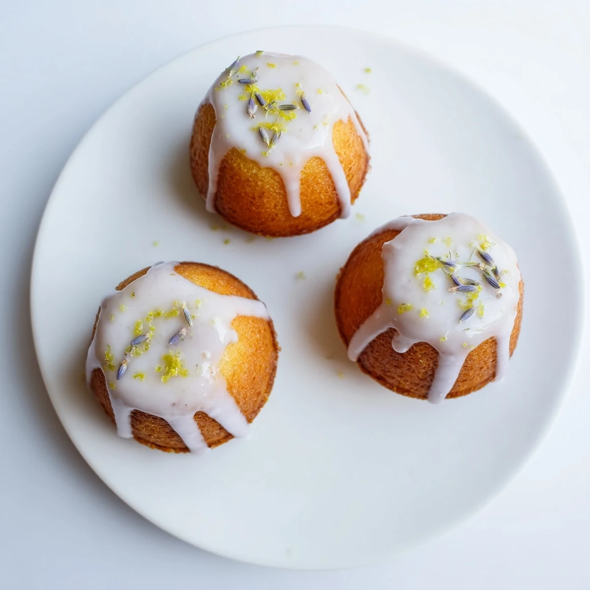 Golden mini lemon cakes drizzled with pale lavender glaze and garnished with fresh lemon zest